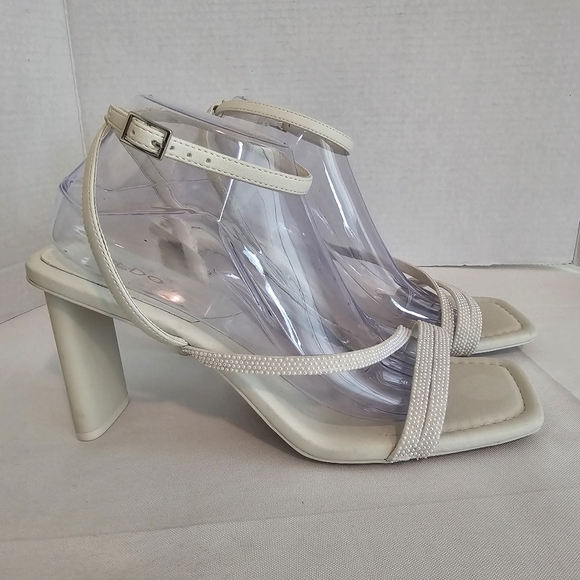 Aldo Square Toe White Pearl Embellished Strappy Heels - Picture 2 of 12